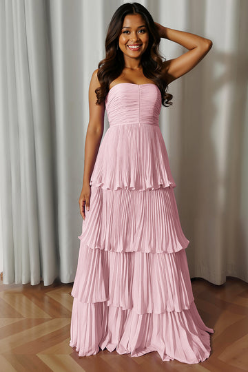 A-Line Strapless Blush Pink Pleated Tiered Bridesmaid Dress